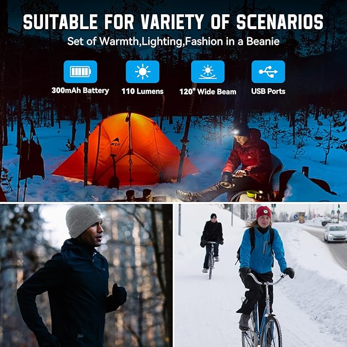 Christmas Stocking Stuffers for Men Adults, Beanie Hats with Light, USB Rechargeable LED Hand Free Headlamp, Birthday Gifts for Men, Women, and Teens, Ideal for Camping, Hiking, Red
