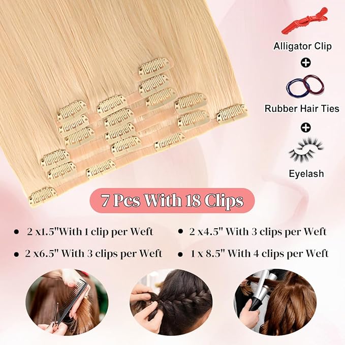 Seamless Clip in Hair Extensions Real Human Hair For Women 125g 20 Inch Platinum Blonde Invisible PU Skin Weft Remy Human Hair Extensions clip ins 7Pcs 18 Clips