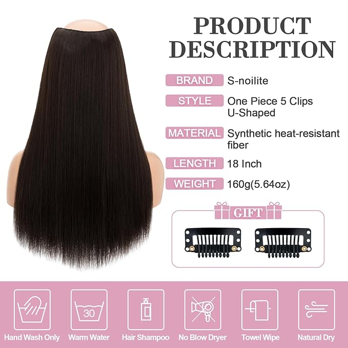 S-noilite One Piece Clip in Hair Extensions 18 Inch U-Shaped One Piece Hair Extensions Weft with 5 Clips Synthetic 3/4 Full Head Long Straight Dark Brown Thick Hairpieces for Women,#6/8
