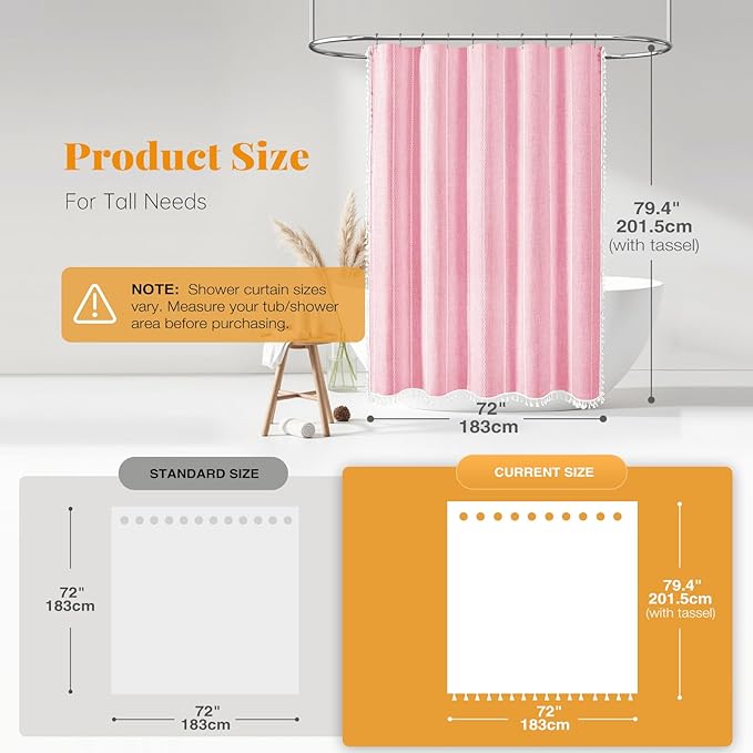 BTTN 78 Inch Long Shower Curtain - Pink Girly Boho Linen Striped Tassel Fabric Shower Curtain Set, Tall Modern Farmhouse Vintage Water Repellent Shower Curtain for Bathroom with Hooks, 72x78, Blush