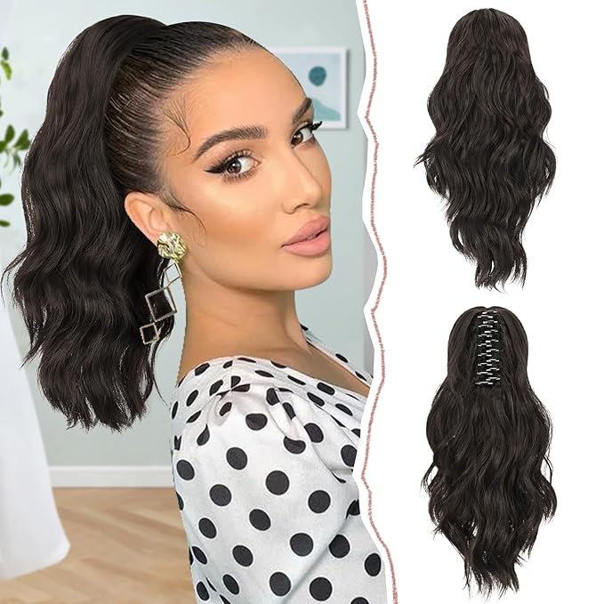 SOFEIYAN 14" Ponytail Extension, Short Wavy Claw Clip in Ponytail Hair Extension Synthetic Hairpieces Dark Brown Layered Natural Fluffy Curly Drawstring Ponytail Hair Piece for Women