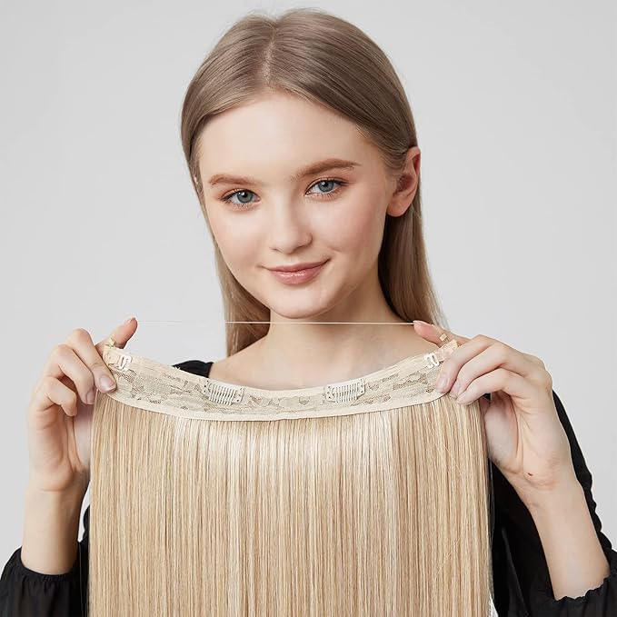 REECHO Invisible Wire Hair Extensions with Transparent Headband Adjustable Size Removable Secure Clips in Straight Secret Hairpiece for Women (16Inch (Pack of 1), Light Blonde)