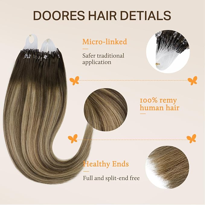 DOORES Micro Loop Hair Extensions Virgin Human Hair, Balayage Chocolate Brown to Caramel Blonde 22 Inch 50g/50s, Invisible Microlinks Real Human Hair Extensions
