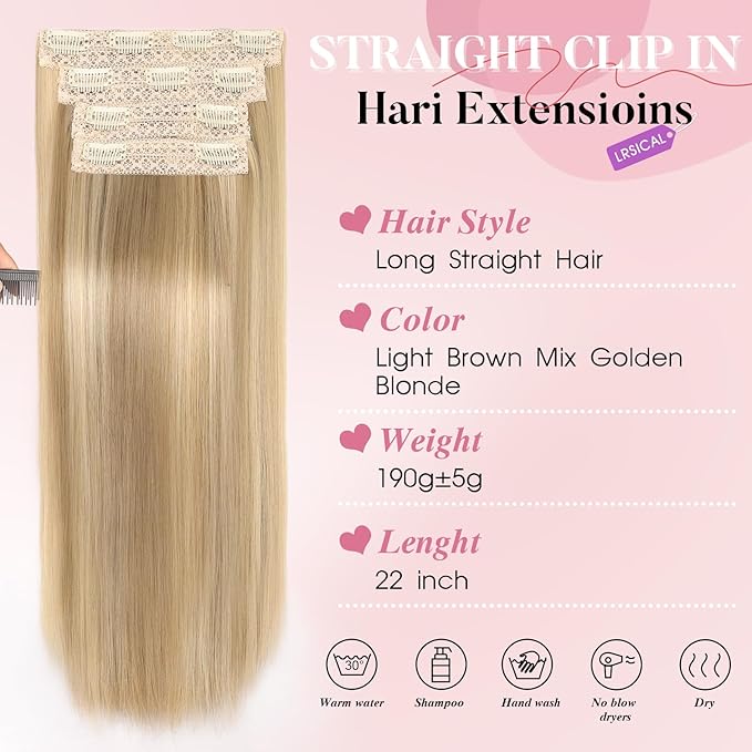 Clip in Hair Extensions Long Straight Synthetic Light Brown mix Golden Blonde 4 PCS Thick Hair Extensions Fiber Double Weft Hair Pieces for women 22 Inch