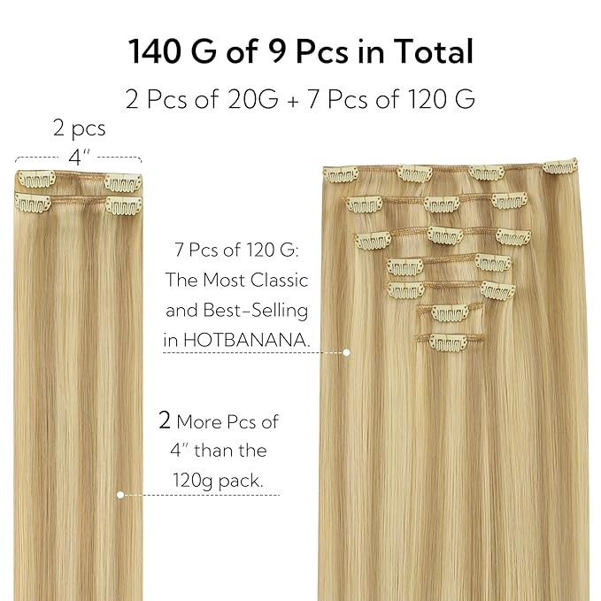 HOTBANANA Clip in Hair Extensions Real Human Hair, 130g 7pcs 16 inch Light Blonde Highlighted Golden Blonde(Ash Tone) Clip in Human Hair Extensions Straight Remy Hair Extensions Full Head