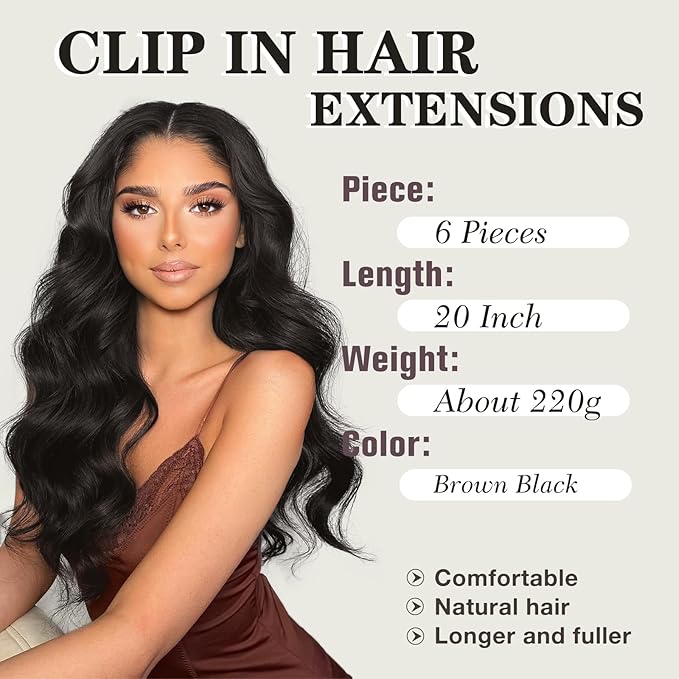 NAYOO Clip in Hair Extensions for Women 20 Inch Long Wavy Curly Brown Black Hairpieces Full Head Synthetic Hair Hairpieces(6PCS,Brown Black)