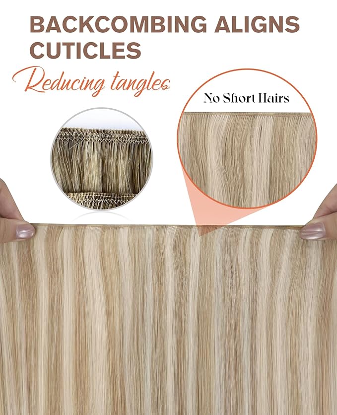 Sunny Hair Genius Weft Hair Extensions Human Hair Blonde Genius Weft Sew in Extensions Human Hair Ash Blonde Mix Light Blonde Highlights Human Hair Extension Sew in for Women Lightweight 16inch