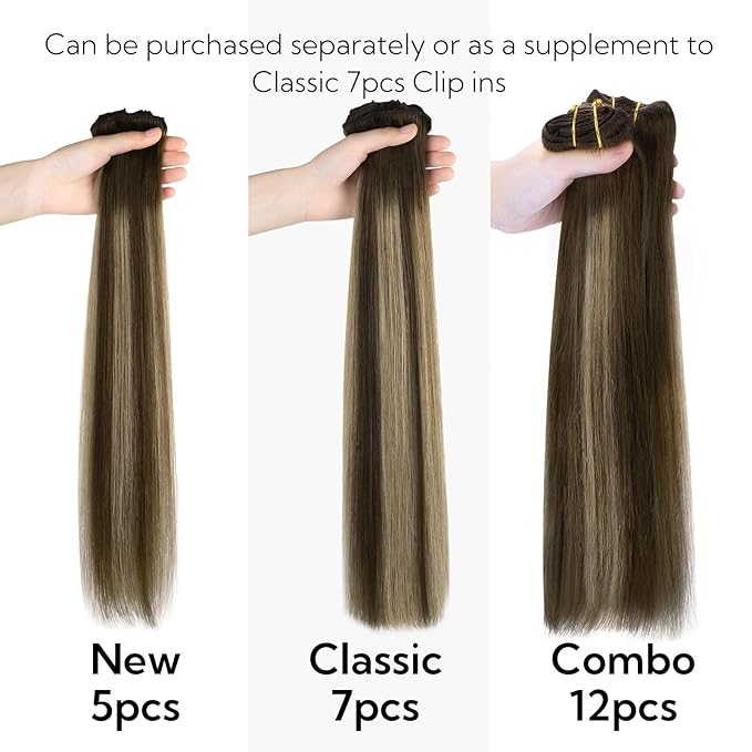 HOTBANANA Real Human Hair Clip in Hair Extensions, 5Pcs 80g 20 Inch Balayage Chocolate Brown to Honey Blonde Straight Remy Clip in Extensions