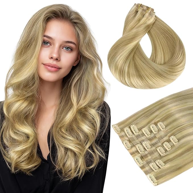 HOTBANANA Seamless Clip in Hair Extensions Light Blonde Highlighted Golden Blonde(Grey Tone) 20in 150g 7pcs Clip in Remy Human Hair Extensions Straight Hair Invisible PU Skin Weft