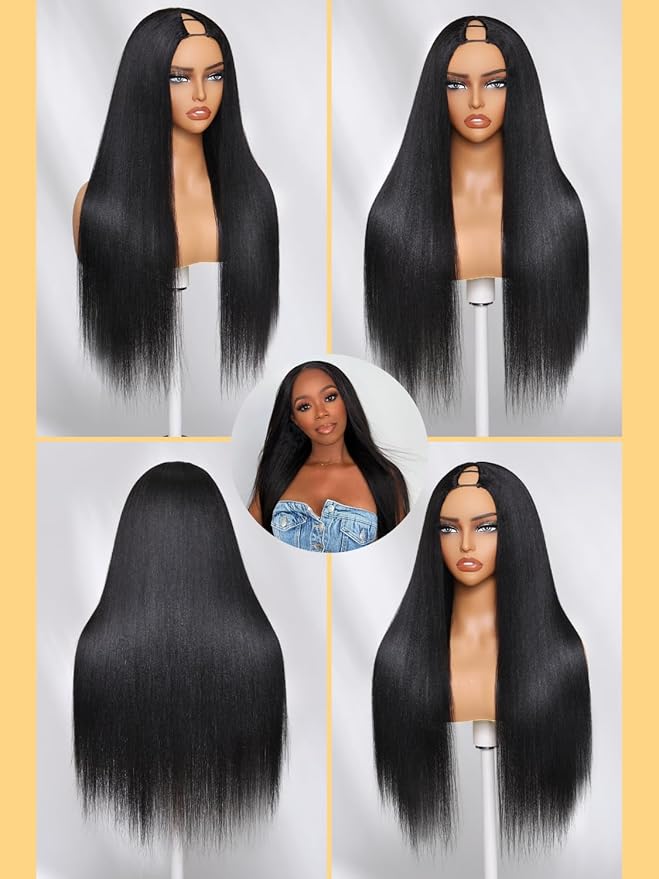 Nadula EasiContour V Part Yaki Straight Human Hair No Leave Out Clip in V-part Wig,12A Glueless Upgrade U Part Light Kinky Straight Human Hair Wig 180% Density with Elastic Drawstring 20inch