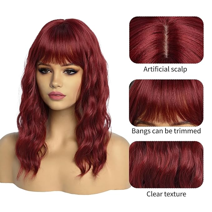 Burgundy Wigs with Bangs for Women Synthetic 16inch Medium Length Wigs with Natural Long Wavy Fringe Bang wig Heat Resistant Hair for Daily Party Use(Wine Red)