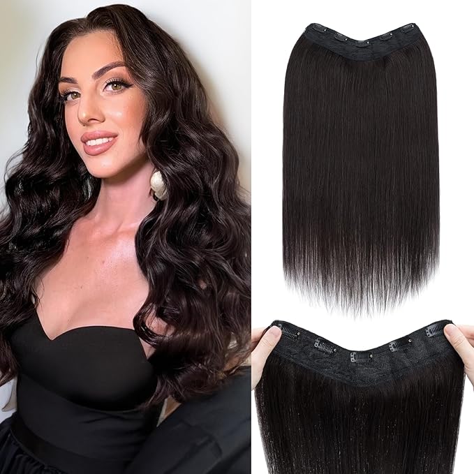Benehair One Piece Clip in Hair Extensions Real Human Hair 3/4 Full Head V Shaped Weft Thicker Hair Lace Net One Piece Hair Extensions with 5 Clips (12"-55g #1B Natural Black)