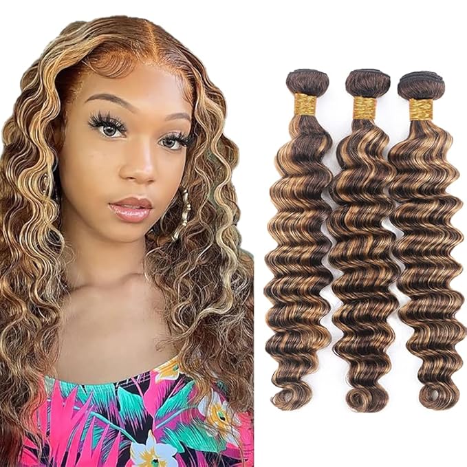 Freiuoke Hair P4/27 Deep Wave Bundles 27 Loose Deep Wave Bundle Human Hair Unprocessed Virgin Hair 3 Bundles 12 14 16 Inch Honey Blonde Bundle