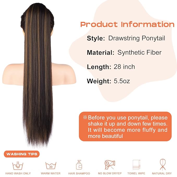SEIKEA 28" Ponytail Extensions Drawstring Long Straight Fake Pony Tail Natural Soft Clip in Hair Extension Synthetic Heat Resistant Hairpiece - Chestnut Brown with Blonde Hightlights