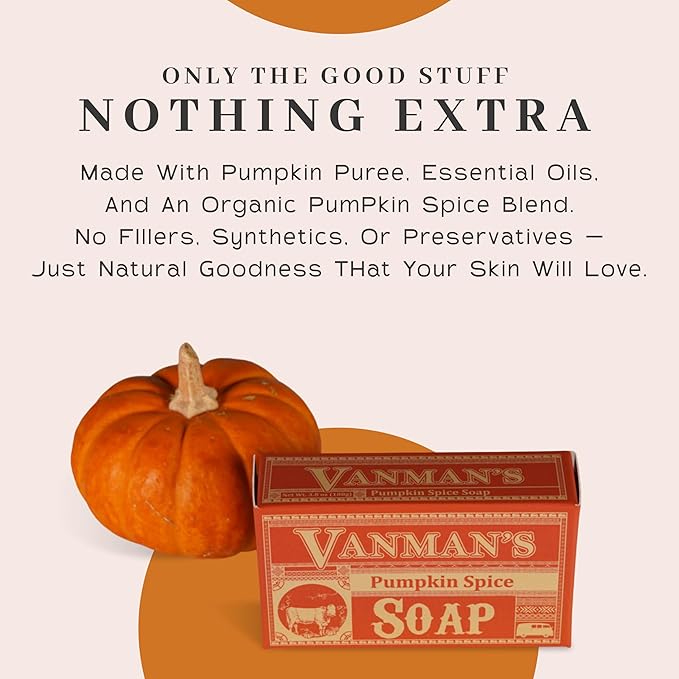 VanMan Pumpkin Spice Body Soap - Grass Fed Finished Suet Beef Tallow & Pumpkin Puree - Nourishing, Hydrating & Moisturizing Natural Bar Soap with Essential Oils - Autumn Scent - 3.8 oz Bar (10 Pack)