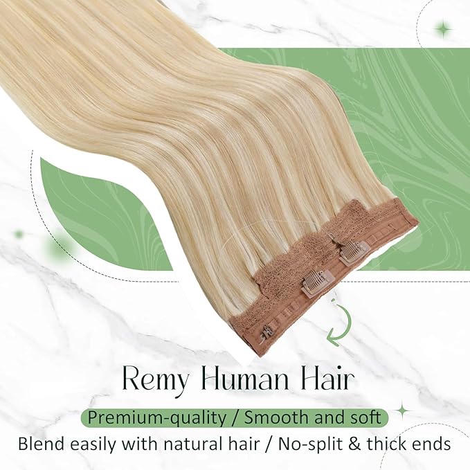 RUNATURE Invisible Wire Hair Extensions, Real Human Hair Extensions Blonde, Fish Line Hair Extension, Easy to Apply, 16 Inch 80g #18P613 Honey Blonde
