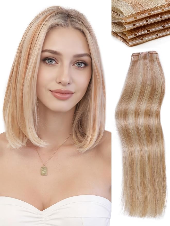 WIGNEE Double layer PU OVO Strawberry Highlight Blonde Weft Hair Extensions Human Hair with Beads 100% Real Remy Human Hair Extensions Glueless 12 Inch Weft(18/613)