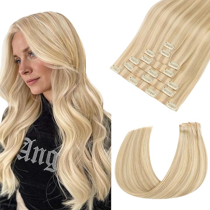 HOTBANANA Seamless Clip in Hair Extensions, 20 Inch 110g 7pcs Dirty Blonde Mixed Bleach Blonde Invisible PU Skin Weft Straight Remy Human Hair Extensions