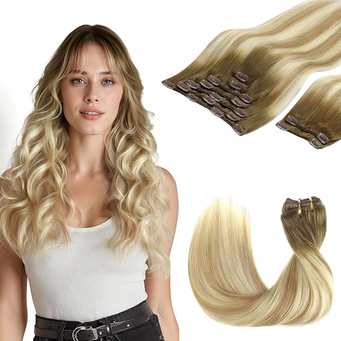 GOO GOO Clip in Hair Extensions Real Human Hair, Remy Human Hair Extensions Clip ins for Women, Natural Human Hair, 22inch 150g 9Pcs, 5A/90/16F Bahamian Balayage