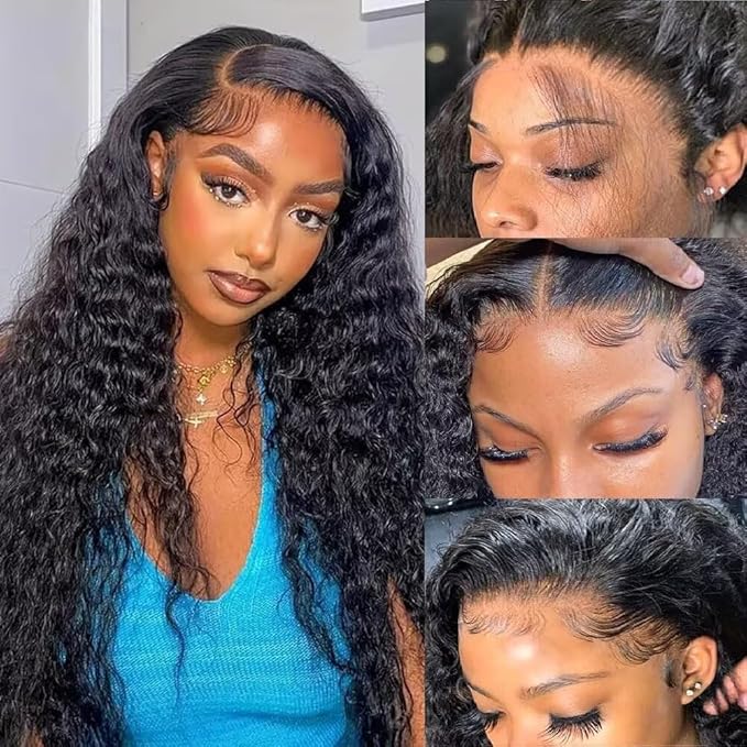 13x6 Deep Wave Lace Front Wigs Human Hair 180 Density Pre Plucked HD Transparent Curly Lace Frontal Human Hair Wig Natural Black Glueless Wigs with Baby Hair for Women 20 Inch