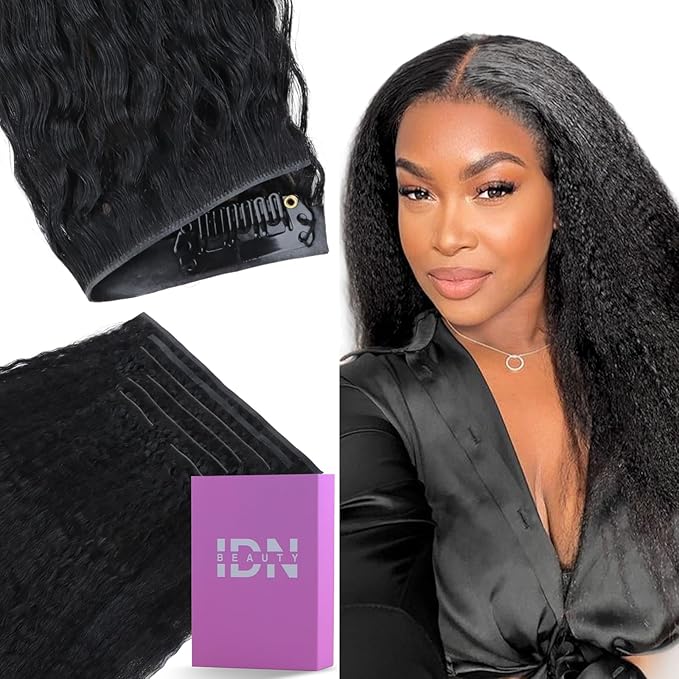 IDN BEAUTY 5+2 Invisi Edge Seamless Clip in Hair Extensions Human Hair Combo Pack, Kinky Straight 20 Inch 110g 5pcs Invisible Edge and 2pcs Seamless Clip ins for Black Women Natural Black No Leave Out