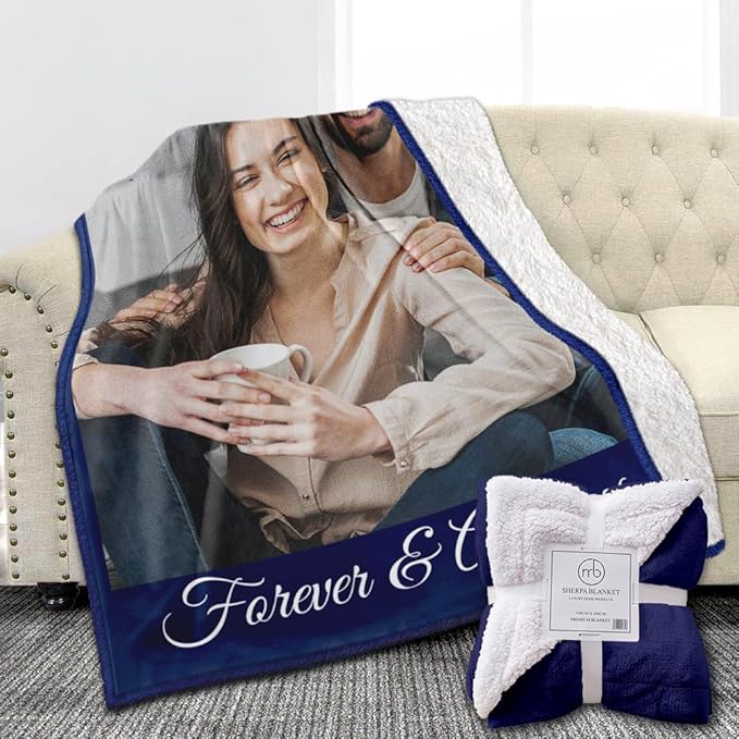 Custom Sherpa Fleece Blanket with Photos & Text - Soft, Warm & Fuzzy Personalized Couples Gifts for Boyfriend & Girlfriend - Customized Picture Blanket for Birthday, Anniversary & Christmas