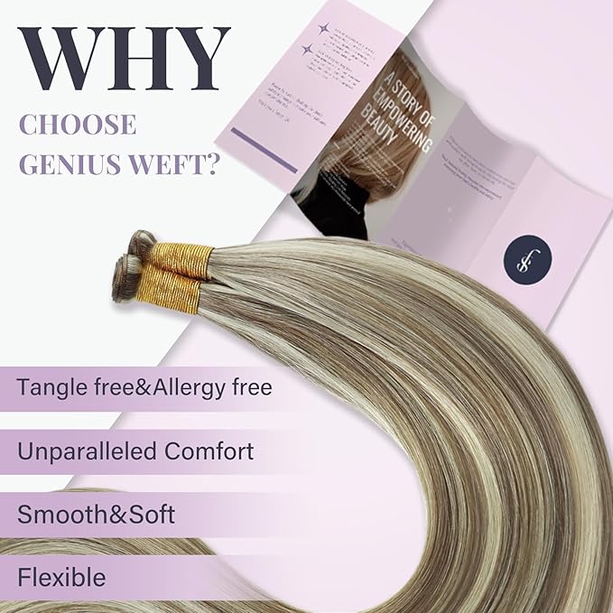Fshine Human Hair Genius Weft Light Brown Highlight with Platinum Blonde Hand Tied Hair Genius Weft 18 Inch 50g Remy Human Hair Extensions Natural Human Hair Weave Highlight Sew in Hair Extension