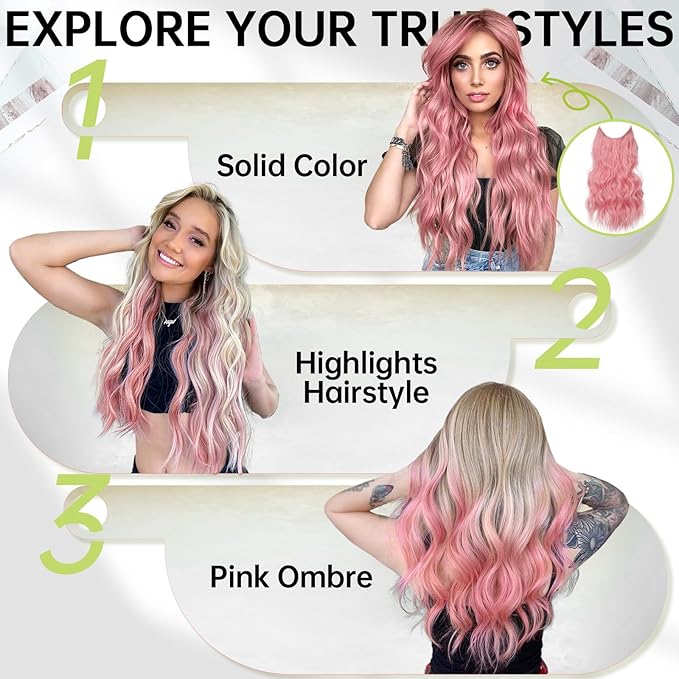 KooKaStyle Invisible Wire Hair Extensions with Transparent Headband Adjustable Size 4 Secure Clips Long Wavy Hairpiece 20 Inch Sakura Pink for Women