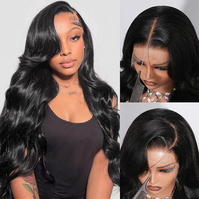13x4 Full Frontal Lace Wig 100% Real Human Hair 0.10mm Ultra-Thin Invisible HD Swiss Lace Front Wigs 200% Density 15A Brazilian Virgin Hair Body Wave Lace Front Wigs 30 Inch Natural Color for Women