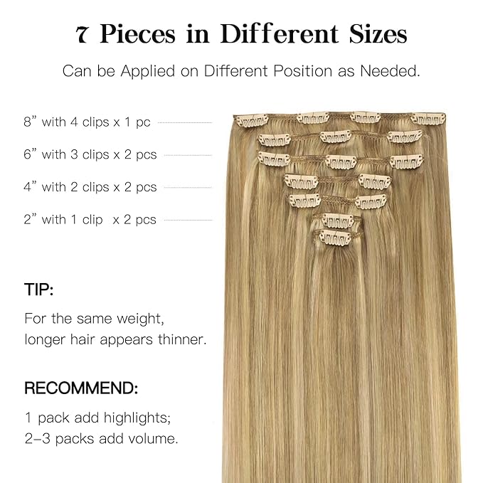 HOTBANANA Human Hair Clip in Hair Extensions, Balayage Light Blonde Highlighted Golden Blonde (Ash Tone) 75g Real Human Hair Straight Remy Hair Extensions 12 Inch 7pcs