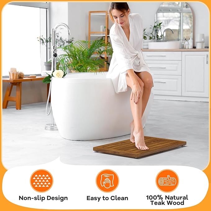 Teak Shower Mat, 21"x14" Wood Bath Mat Non-Slip Bathroom Mat Teak Bath Mats for Bathroom, Wooden Floor Mat Bathroom Mat for Inside, Outdoor or Spa(Small)