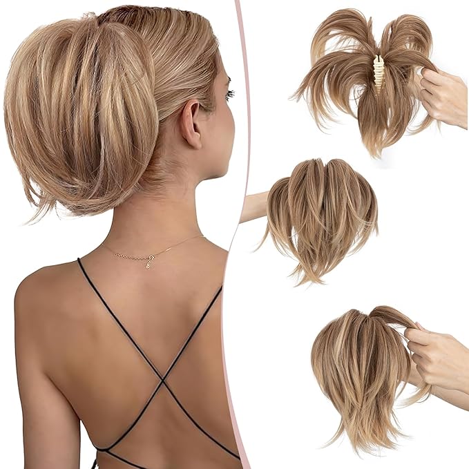 Claw Clip Short Ponytail Hair Extensions Messy Bun Hair Piece Pony Tails Hair Extensions with Bendable Metal Wire Hair Pieces DIY Style 8 Inch 12T24 Caramel Brown to Mousy blonde