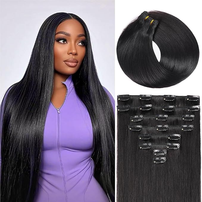 Clip in Hair Extensions Real Human Hair,100% Seamless Remy Human Hair Straight, 8pcs Per Set with Double Weft,1B Natural Black,16inch 90g/3.2oz