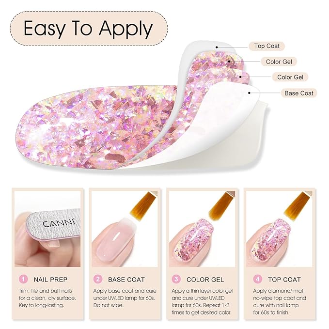 CANNI Glitter Gel Nail Polish – 1pcs 9ml Broken Pink Color, Soak Off UV LED Nail Gel for DIY Nail Art, Salon or Home Manicure