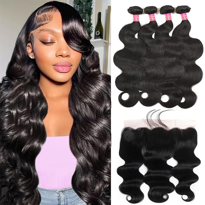 12A Body Wave 4 Bundles with Frontal Human Hair Bundles with 13x4 Lace Frontal (18 20 22 24+16 Inch) Brazilian Body Wave Hair Virgin Hair Ear to Ear 13x4 Frontal Natural Black