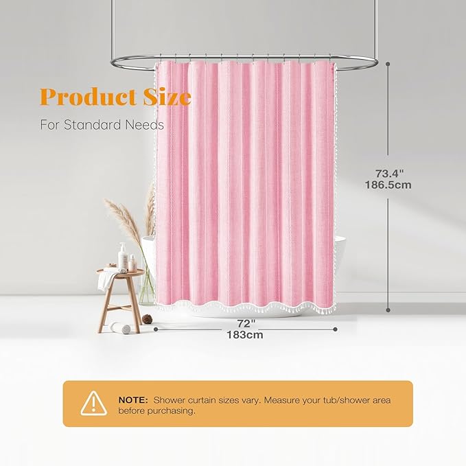 BTTN Pink Boho Shower Curtain, Linen Rustic Striped Fabric Shower Curtain Set with Tassel, Water Repellent, Bohemian Modern Farmhouse Cloth Shower Curtain for Bathroom with Hooks, 72"x72", Blush
