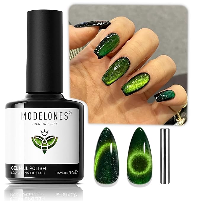modelones Cat Eye Gel Nail Polish Green Gel Polish Jelly Glass with Magnet Holographic Glitter Shimmer Translucent Sheer Color Magnetic Christmas Nail Polish Top Coat Salon DIY at Home 15 ML