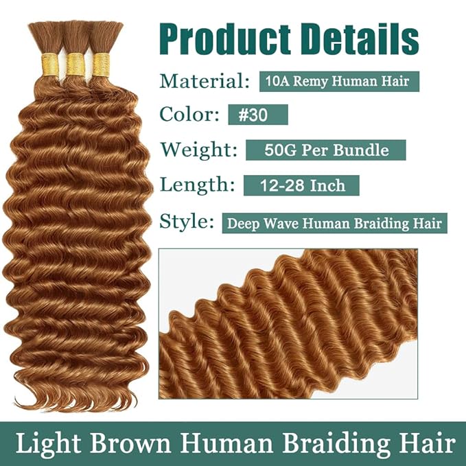28 Inch Brown Deep Wave Bulk Braiding Hair for Boho Braids No Weft 3 Bundles 150g Deep Wave Human Hair for Braiding Color #30