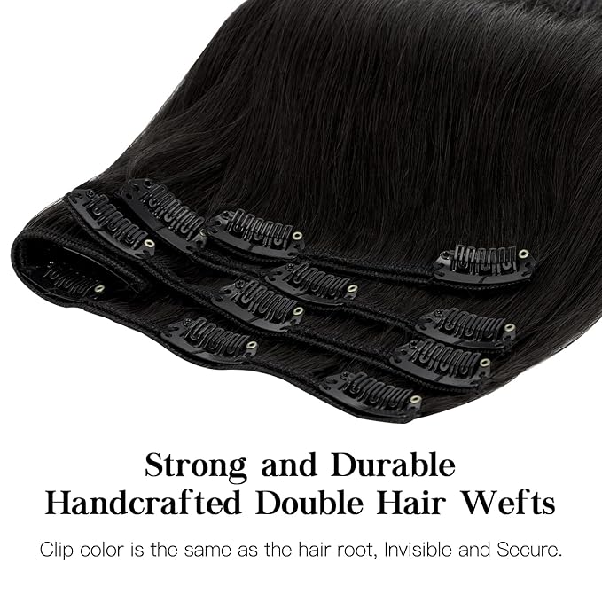 HOTBANANA Human Hair Clip in Hair Extensions, Jet Black 130g Real Human Hair Straight Remy Hair Clip in Hair Extensions 26 Inch 7pcs