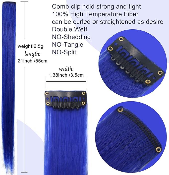 10 PCS 20 inch Colorful Party Highlights Clip in Blue Hair Extensions Multicolors Straight Synthetic Hairpieces for Women Kids Girls Wig Pieces (Blue)