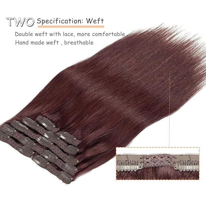 Caliee Real Hair Extensions Clip in Human Hair for Full Head Natural Straight Color 99J Burgundy Wine Red 7Pieces Double Weft Thick Ends Brazilian Clip in Hair Extensions 120G 16Inch