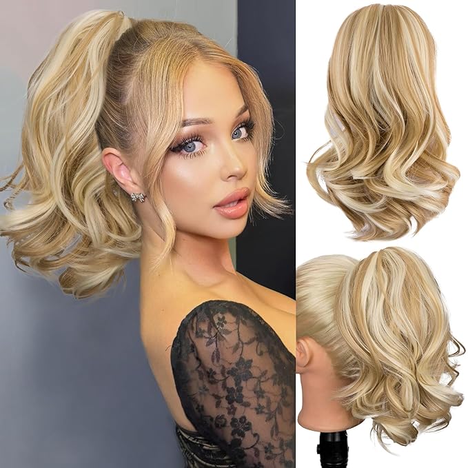 Ponytail Extension, 12 Inch Claw Clip in Ponytail Extension Curly Wavy Pony Tails Hair Extensions Synthetic Clip on Pony Tails Hairpiece for Women-Medium Blonde with Blonde Highlights25