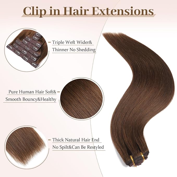 Sisily Clip in Hair Extensions Real Human Hair, 22 Inch Premium Human Hair Clip in Extensions Chocolate Brown, Soft Straight Hair Extensions Real Human Hair Clip ins 7PCS Double Weft（22 Inch #4）