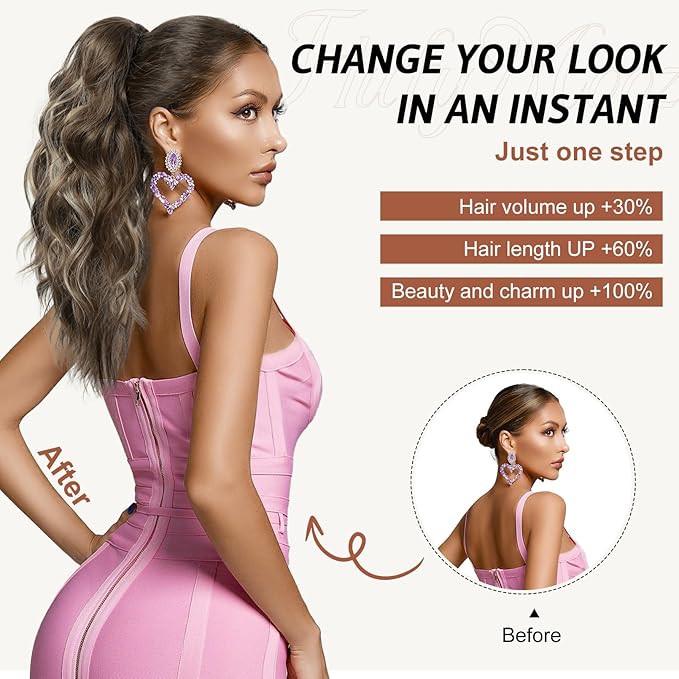 FLUFYMOOZ Ponytail Extension, 18 Inch Claw Clip Ponytail Extension, Wavy Curly Claw Clip in Ponytail Hair Extensions, Natural Fake Ponytail Synthetic Hairpiece for Women (Black Brown)