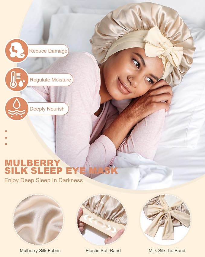 Mulberry Silk Bonnet Sleeping Women Curly Hair Bonnets Tie Band Double Layer Reversible Sleep Bonnet Silk Hair Wrap Sleep Cap