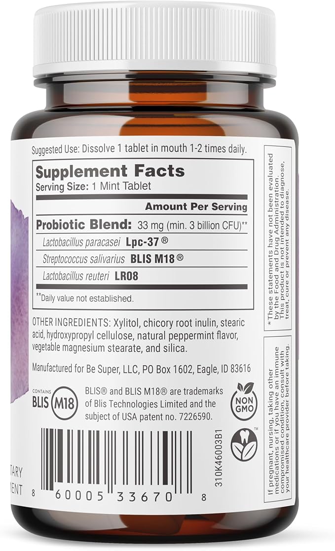 SuperTeeth Oral Probiotic for Kids & Adults | Supports Healthy Teeth, Gums, & Oral Health | Freshens Bad Breath & Fights Cavities with BLIS M18 & Lactobacillus Reuteri | 60 Mint Chewable Tablets