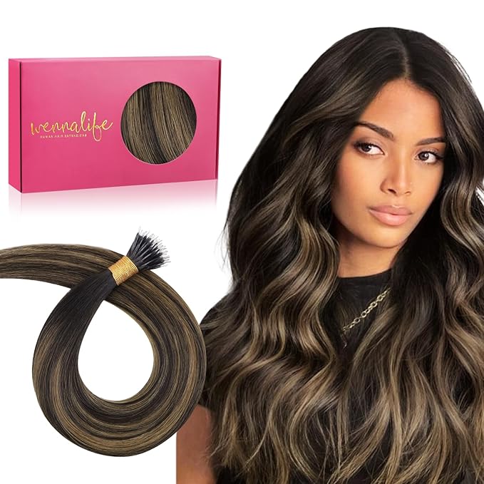 WENNALIFE Nano Bead Hair Extensions Human Hair, 50g 100s 16 Inch Balayage Dark Brown Mixed Chestnut BrownReal Human Hair Extensions for Women Invisible Nano Ring Hair Extensions Remy Hair Extensiones