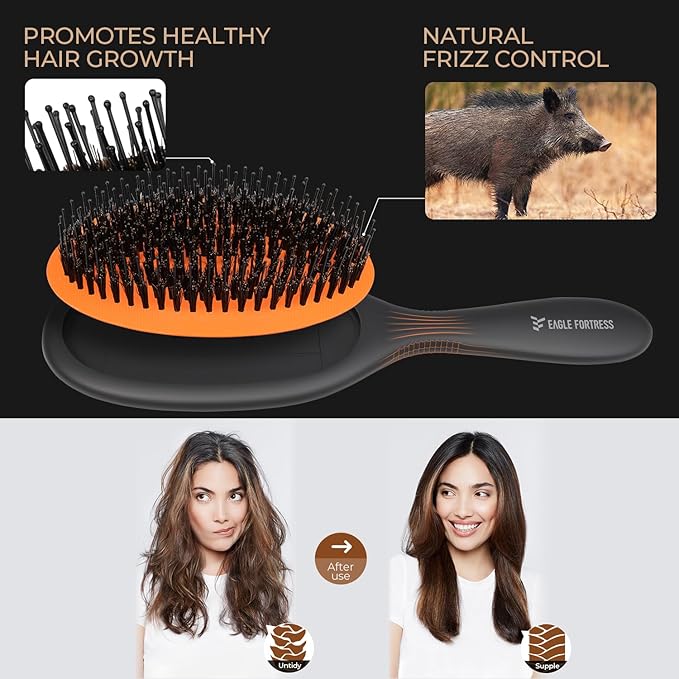 Hair Brush, Nylon and 100% First Cut Soft Boar Bristle Brush for Women Men Kids - Suitable for Fine/Thick/Long/Curly/Thinning/Wet/Dry Hair,Smooths Frizz and Enhance Shine & Salon-Quality