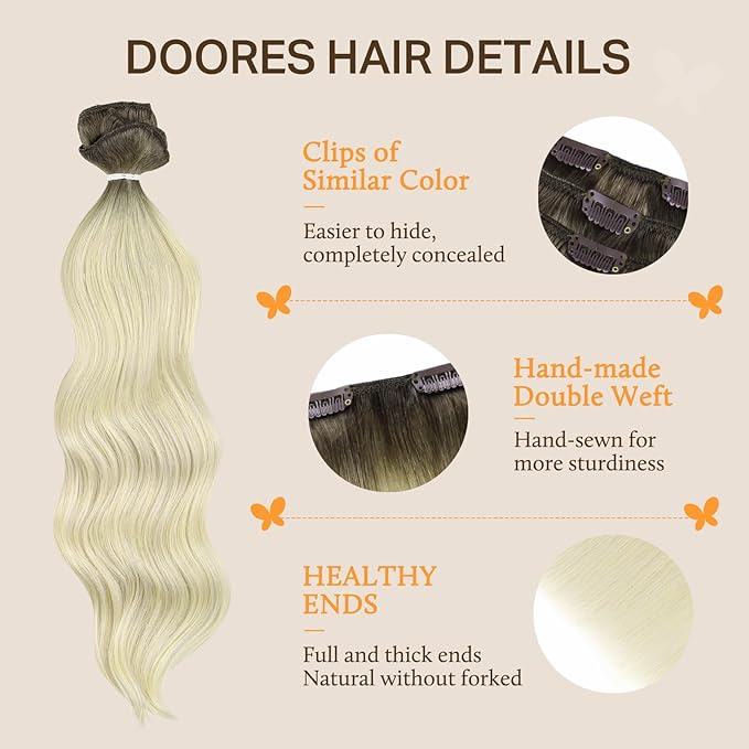 DOORES Clip in Hair Extensions Real Human Hair, Light Ash Brown to Ash Blonde 150g 9pcs 22 Inch, Human Hair Clip in Extensions Remy Clip In Hair Extensions Straight Thick Natural Hair Extensions