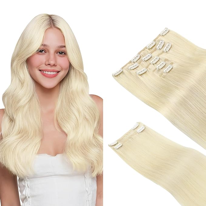 HOTBANANA Clip in Hair Extensions Real Human Hair, 130g 7pcs 16 inch Platinum Blonde Clip in Human Hair Extensions Straight Remy Hair Extensions Full Head